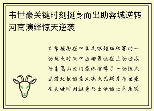 韦世豪关键时刻挺身而出助蓉城逆转河南演绎惊天逆袭
